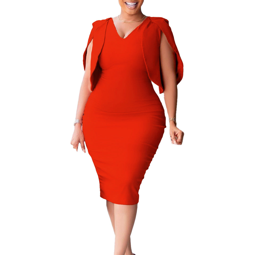 Damen figurbetontes Kleid mit transparenten Puffärmeln und V-Ausschnitt Stalluxe