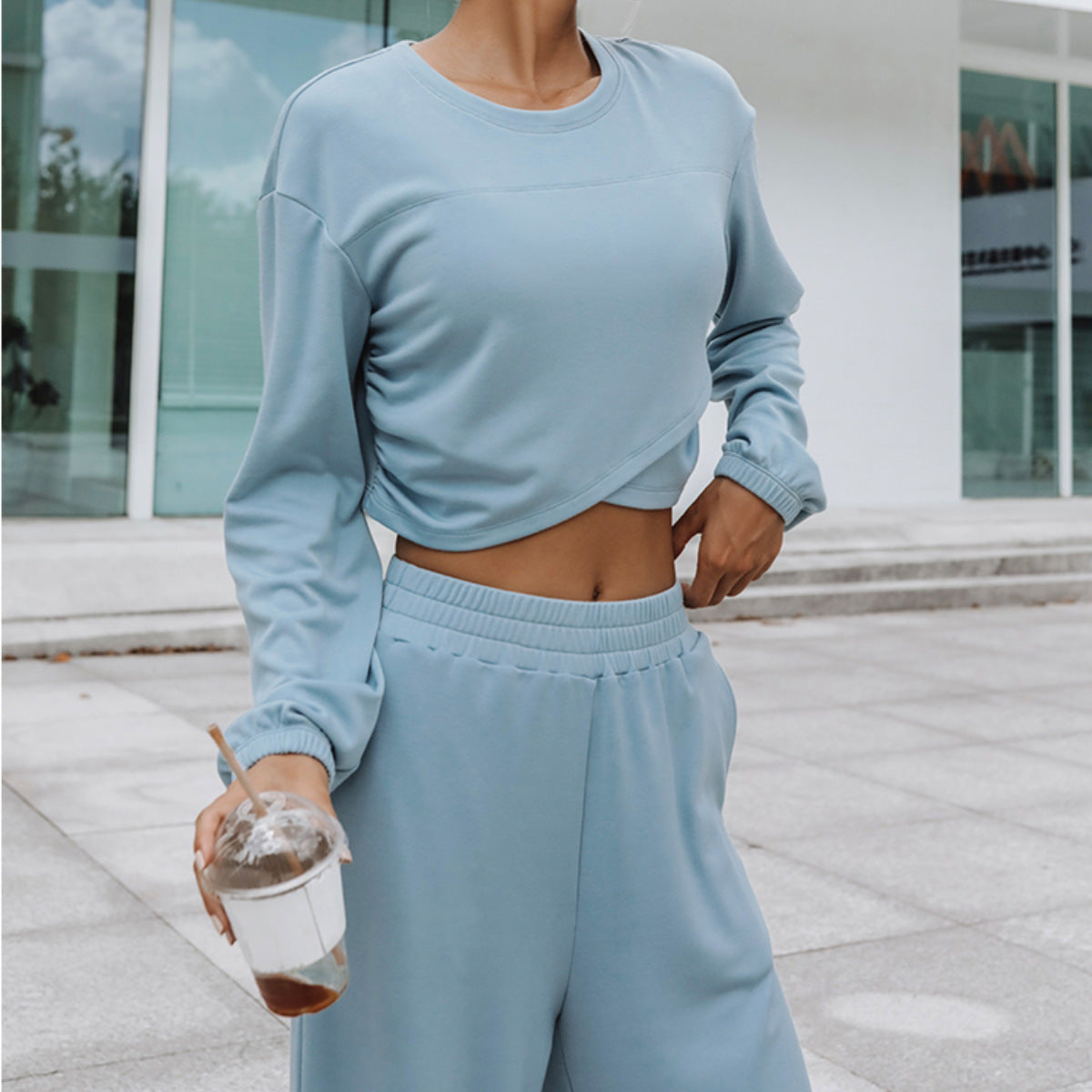 Damen lässiges Cropped Sweat-Set mit elastischem Bund und weitem Bein Stalluxe