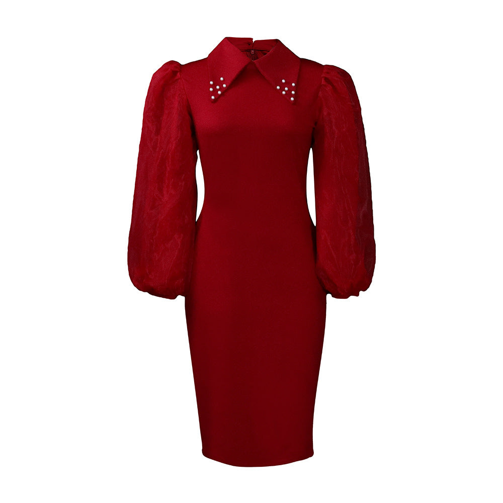 Damen Midi-Kleid mit Puffärmeln und dekorativem Kragen Stalluxe