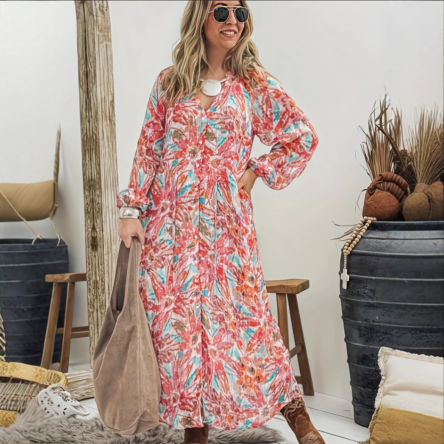 Damen Maxikleid mit buntem Floralprint und leichtem V-Ausschnitt Stalluxe