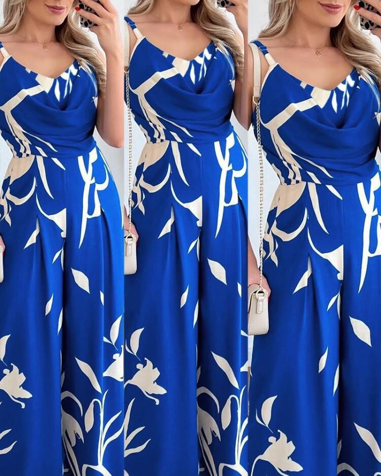 Damen Jumpsuit mit elegantem Wickeloberteil und farbenfrohem Blattdesign Stalluxe