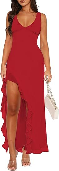 Damen Maxikleid mit asymmetrischem Saum und Rüschendetails Stalluxe