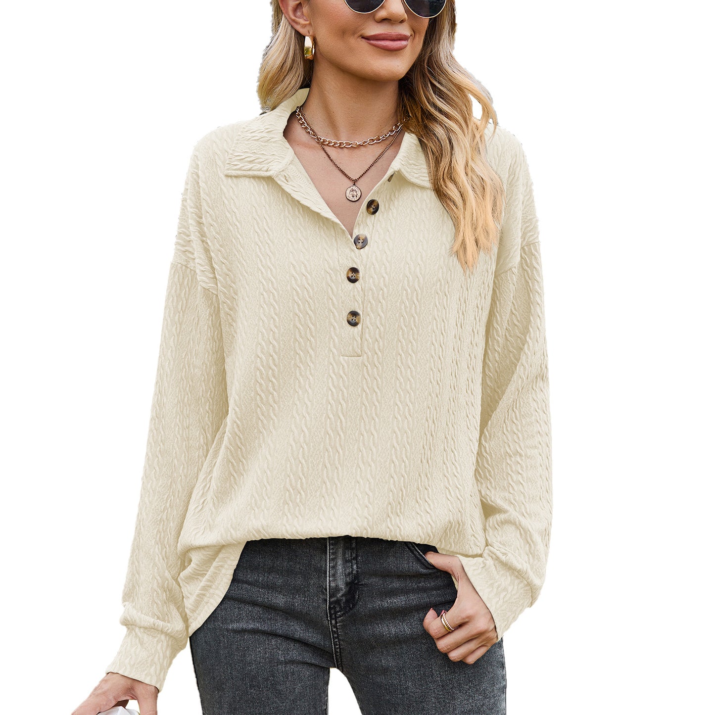 Damen Langarmshirt mit strukturiertem Kabelstrick und modischem Kragen Stalluxe