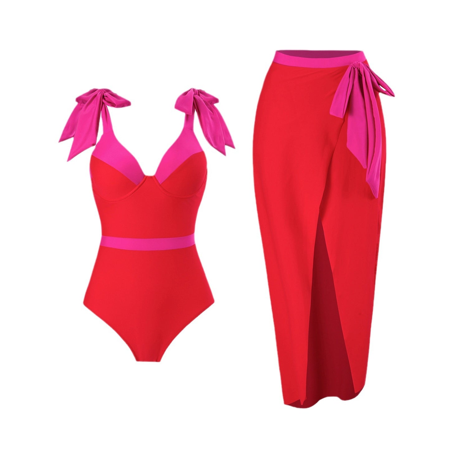Damen Eleganter Badeanzug mit abnehmbarem Wickelrock und farblich abgestimmten Schleifen Stalluxe