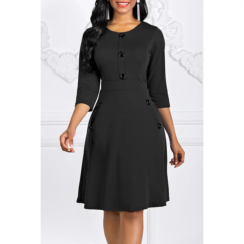 Women's Classic Three-Quarter Sleeve Button-Detail Dress Stalluxe