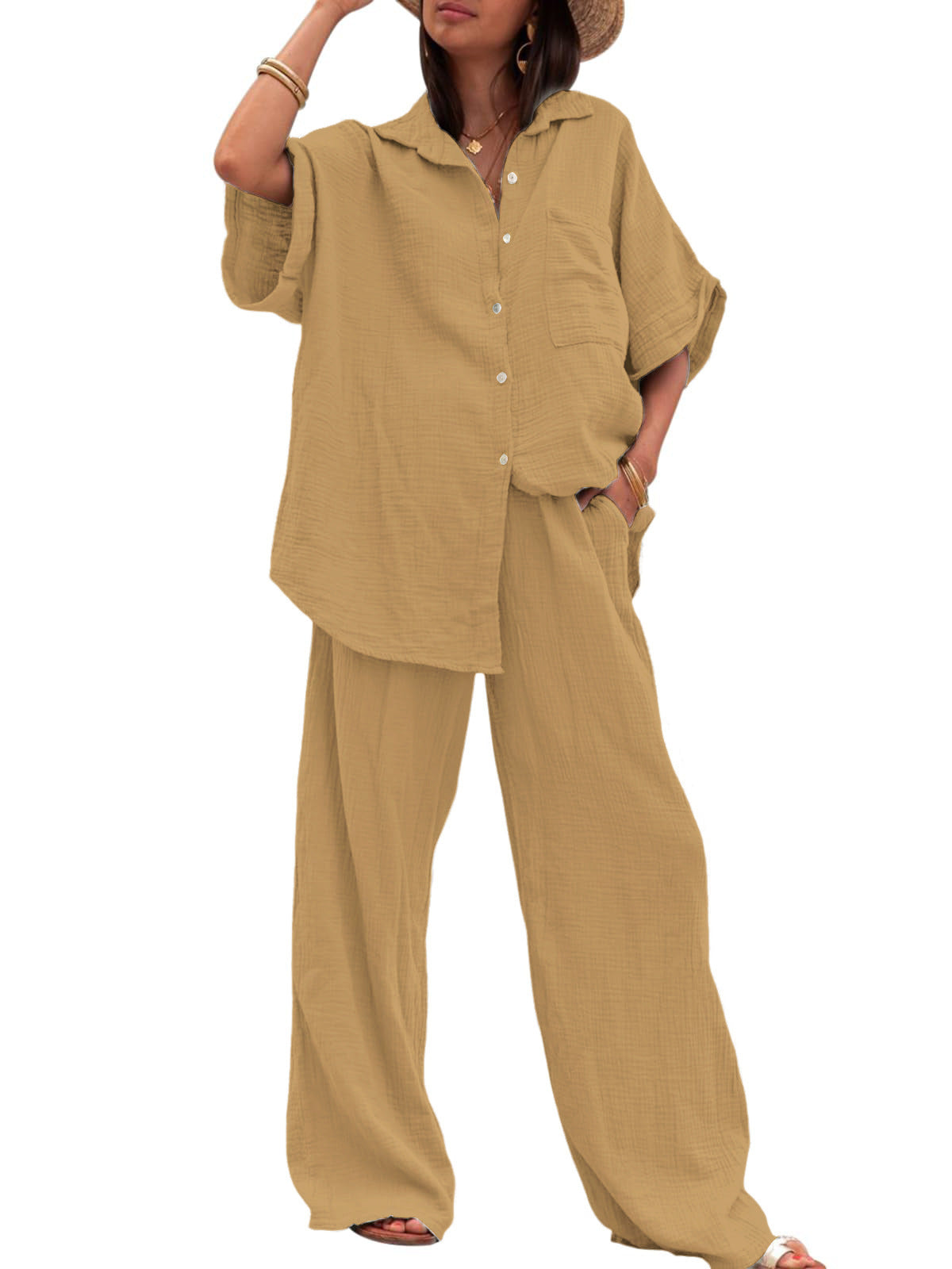 Damen luftiges Oversize-Hemd und weite Hose Set Stalluxe