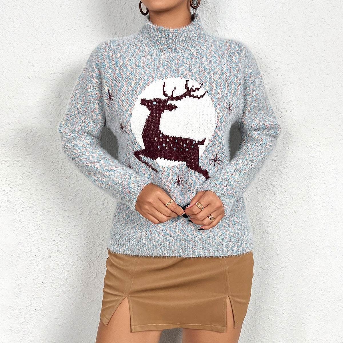 Damen Strickpullover mit festlichem Rentiermotiv und hochgeschlossenem Kragen Stalluxe