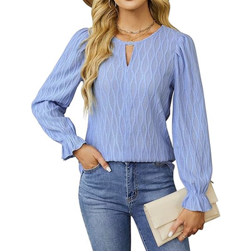 Damen elegantes Langarmshirt mit strukturiertem Stoff und Schlüsselloch-Ausschnitt Stalluxe