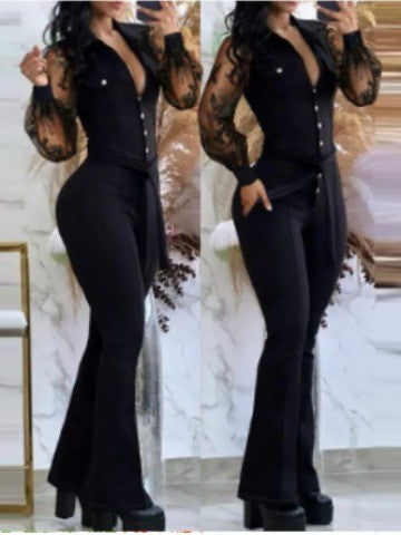 Damen Elegantes Jumpsuit mit transparenten Ärmeln und dekorativen Knopfdetails Stalluxe