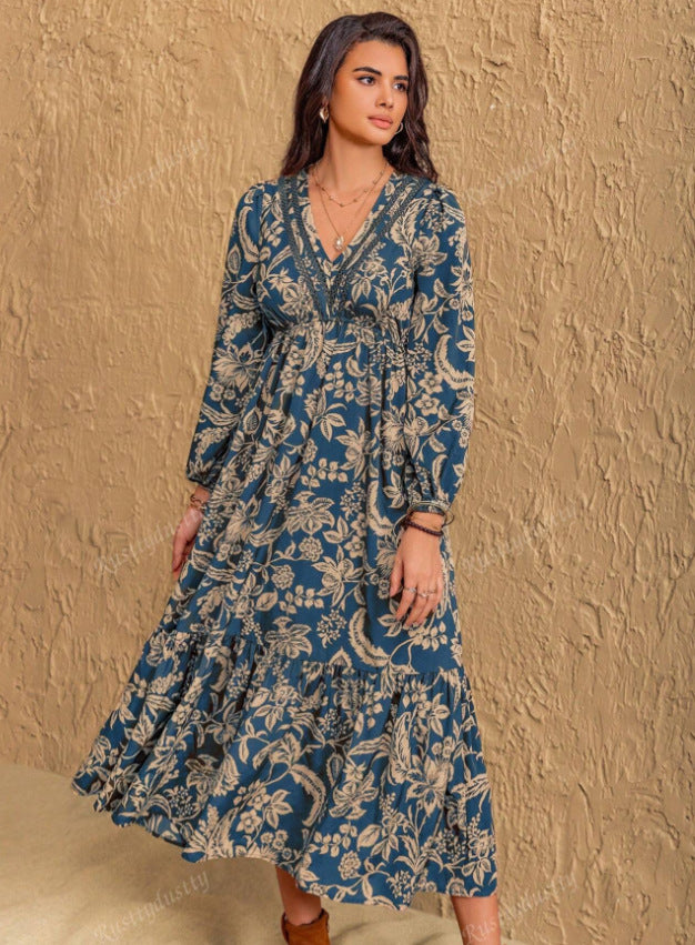 Damen Maxikleid mit tiefem V-Ausschnitt und weitem Rock Stalluxe