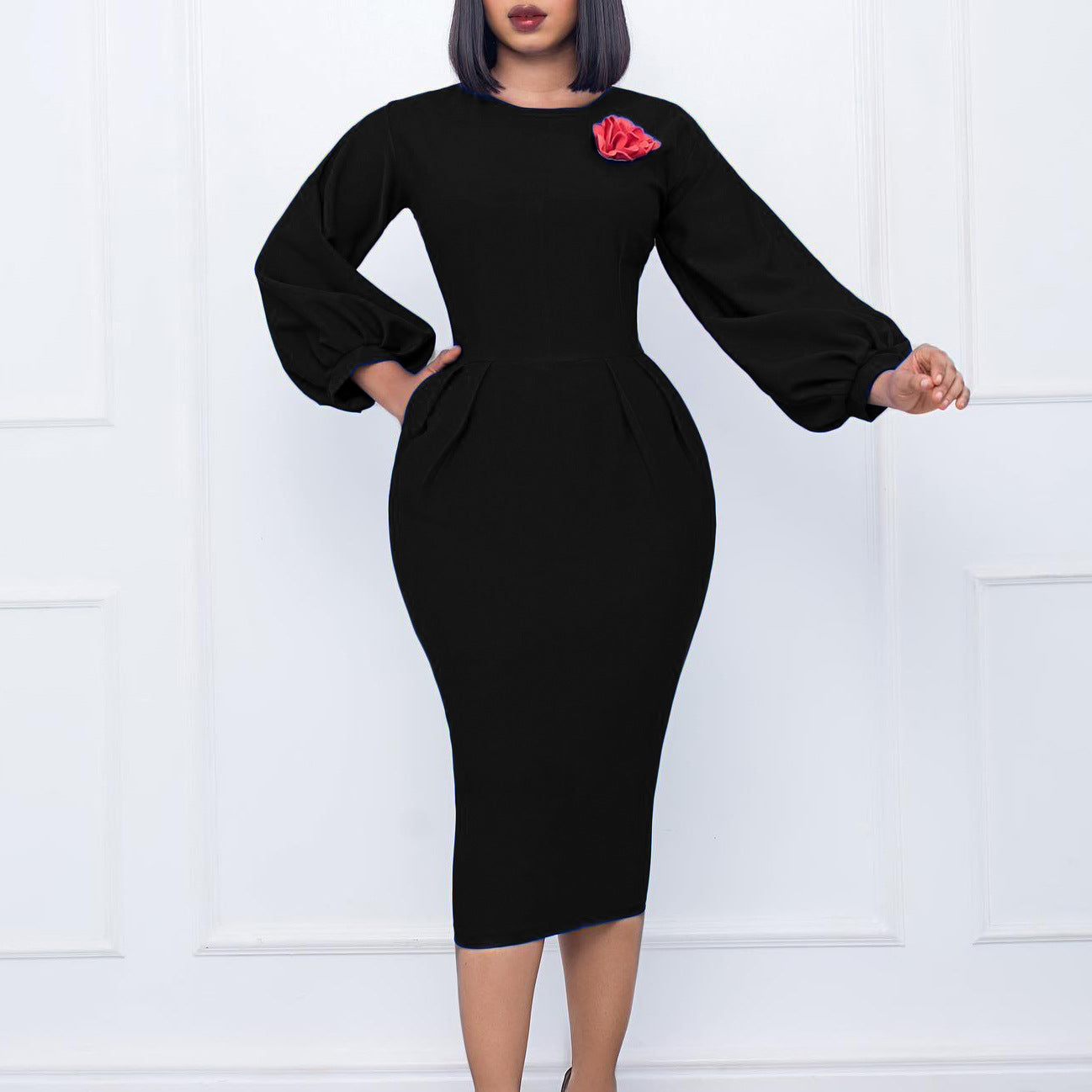 Damen elegantes Kleid mit fließenden Ärmeln und eingearbeitetem Taillenband Stalluxe