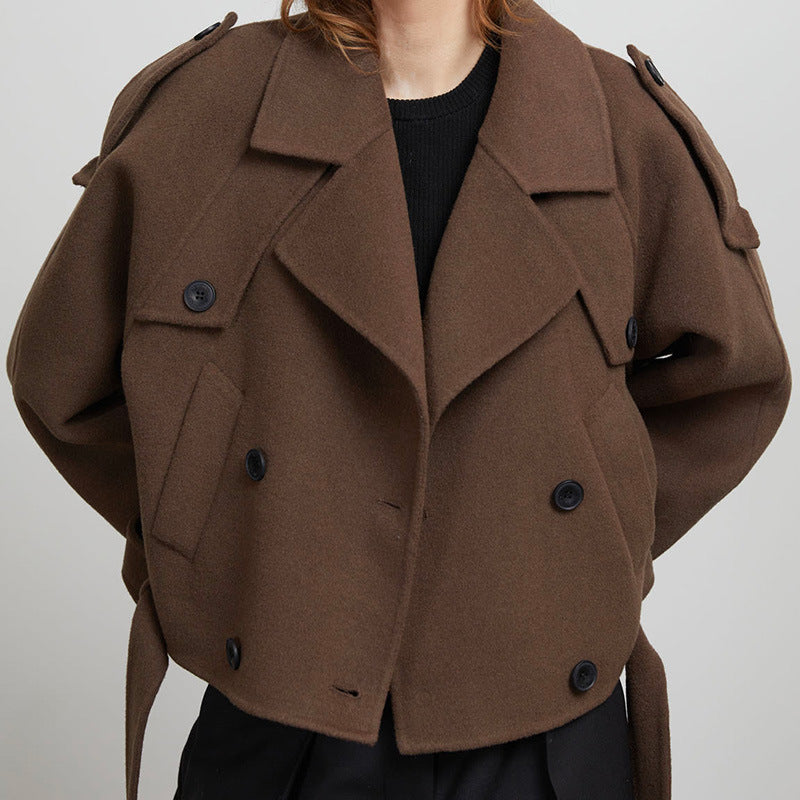 Damen lässige cropped Trenchjacke mit abnehmbaren Gürtel und großen Taschen Stalluxe