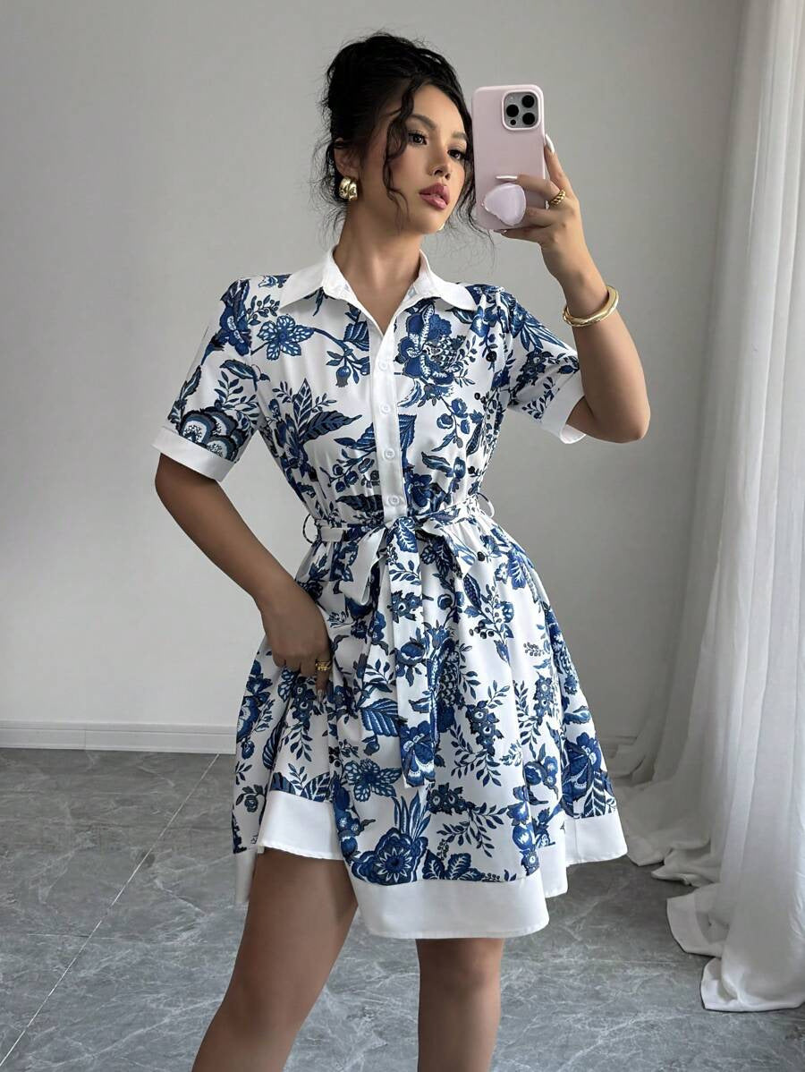 Damen Hemdblusenkleid mit floralem Muster und Taillengürtel Stalluxe