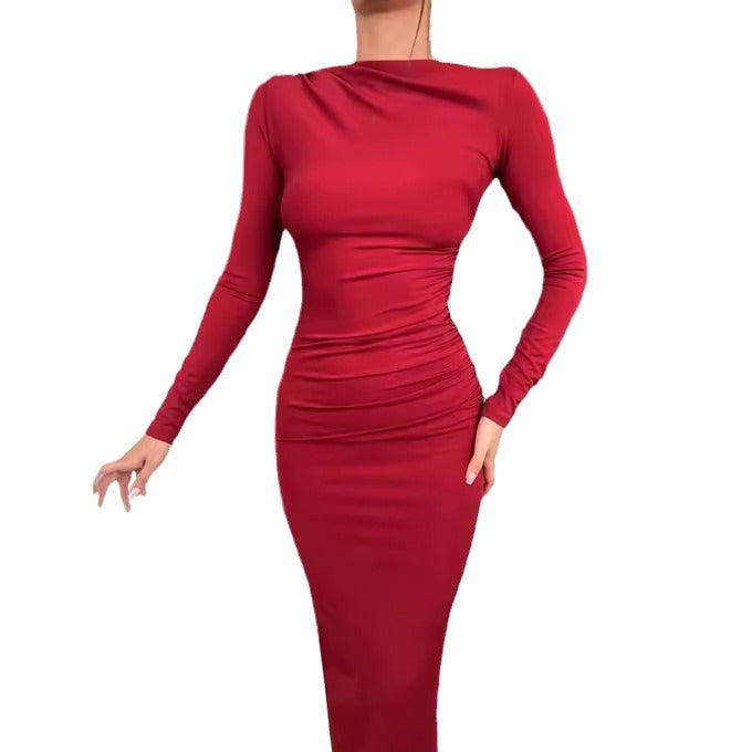 Damen Elegantes und figurbetontes Langarmkleid mit Raffungen Stalluxe