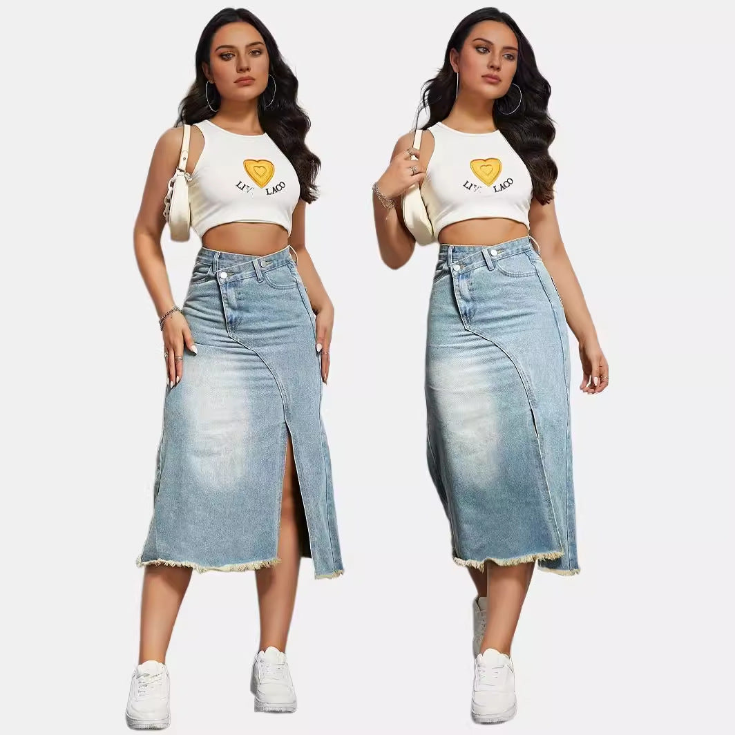 Damen Midirock mit seitlichem Schlitz und fransigem Saum Stalluxe