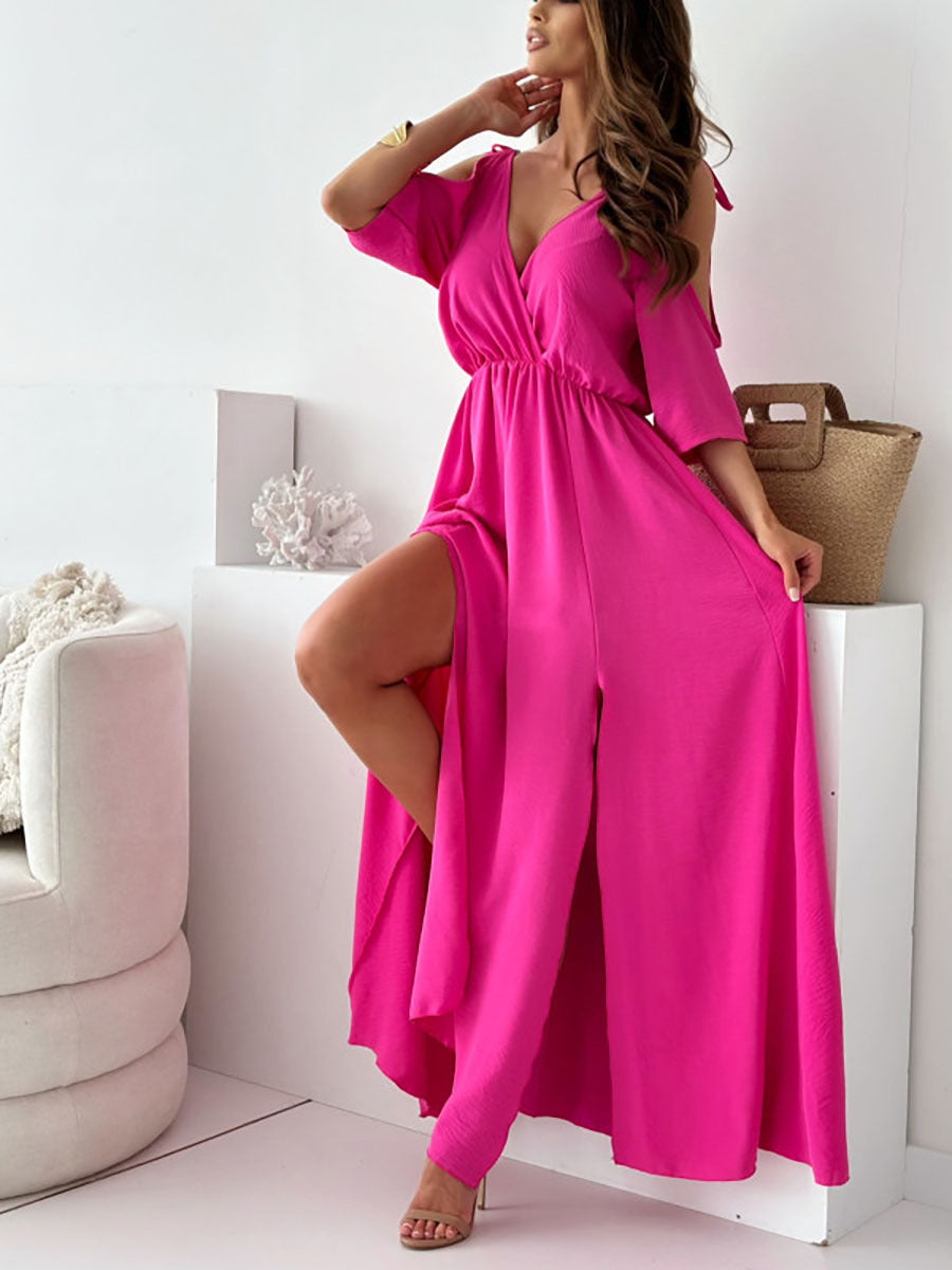 Damen Maxikleid mit schulterfreier Optik und elegantem V-Ausschnitt Stalluxe