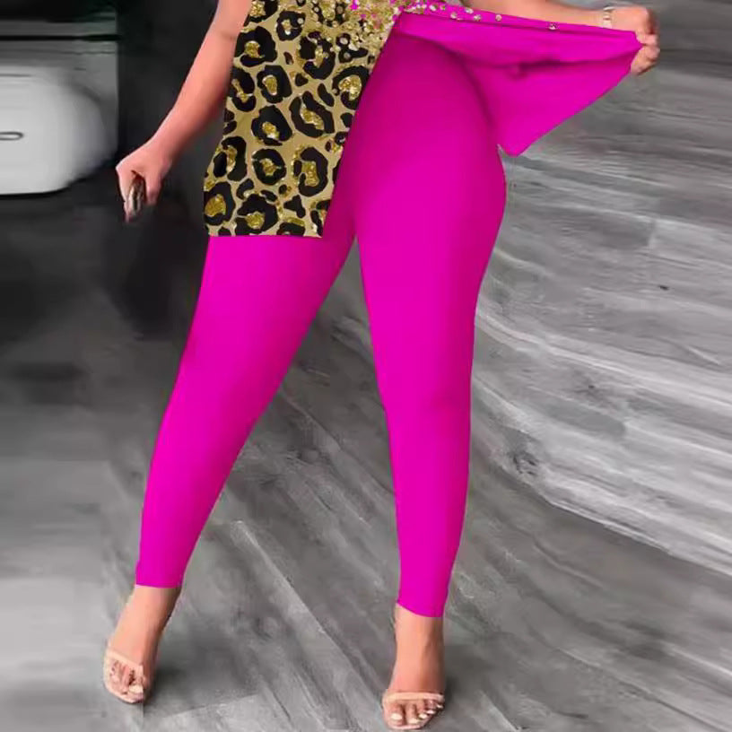 Damen Einseitig Off-Shoulder Jumpsuit mit Animal-Print und funkelnden Akzenten Stalluxe