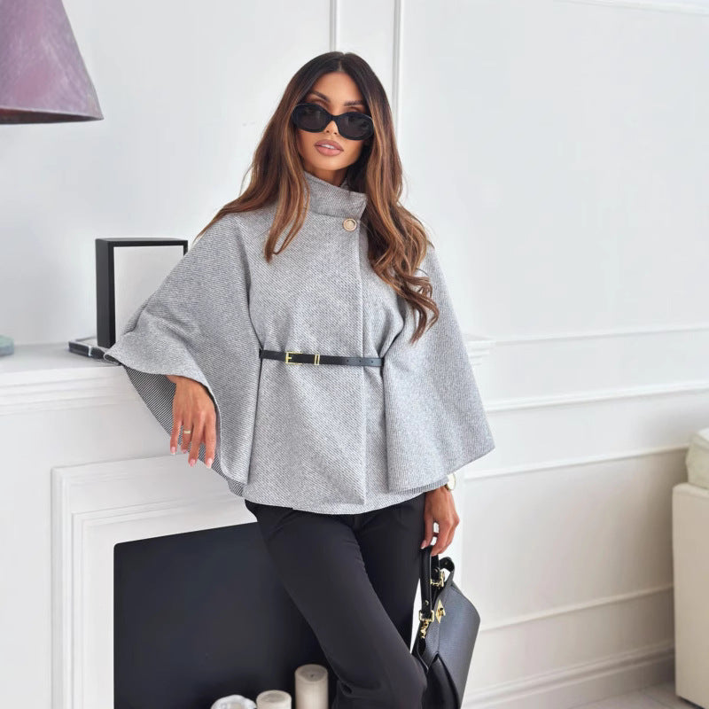 Damen elegante Poncho-Bluse mit Gürtel und modischem Revers Stalluxe