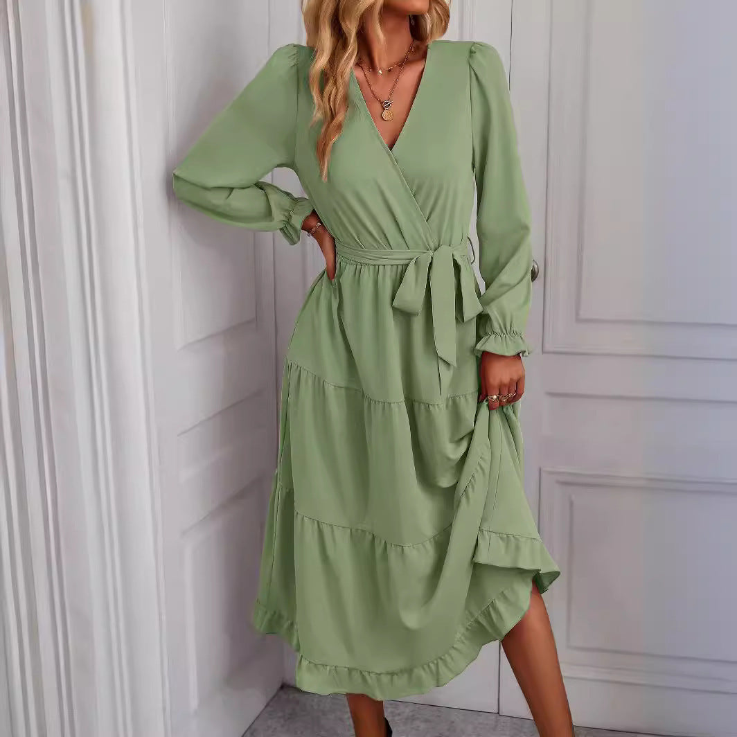 Damen elegantes Wickelkleid mit Rüschendetails und Taillengürtel Stalluxe