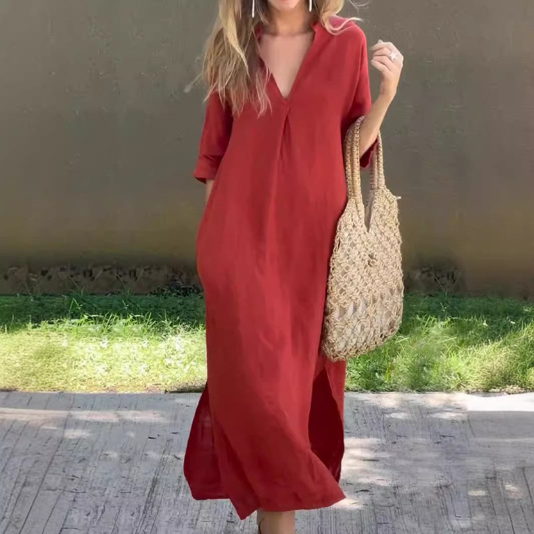 Damen Lässiges Maxikleid mit V-Ausschnitt und seitlichen Schlitzen Stalluxe