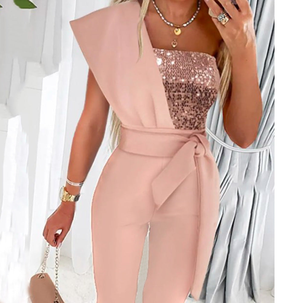 Damen One-Shoulder Jumpsuit mit glitzerndem Oberteil und Taillengürtel Stalluxe
