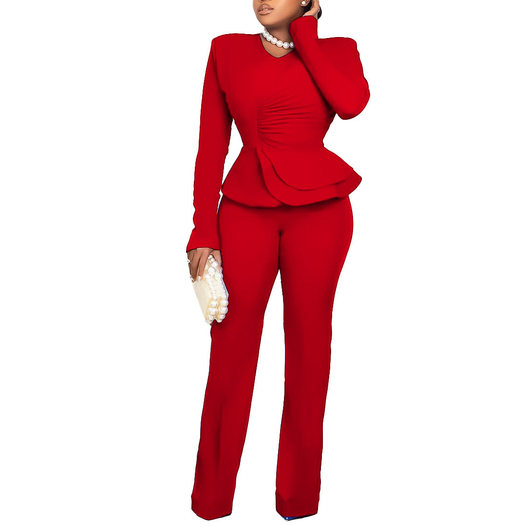 Damen Peplum Overall mit langen Ärmeln und elegantem V-Ausschnitt Stalluxe
