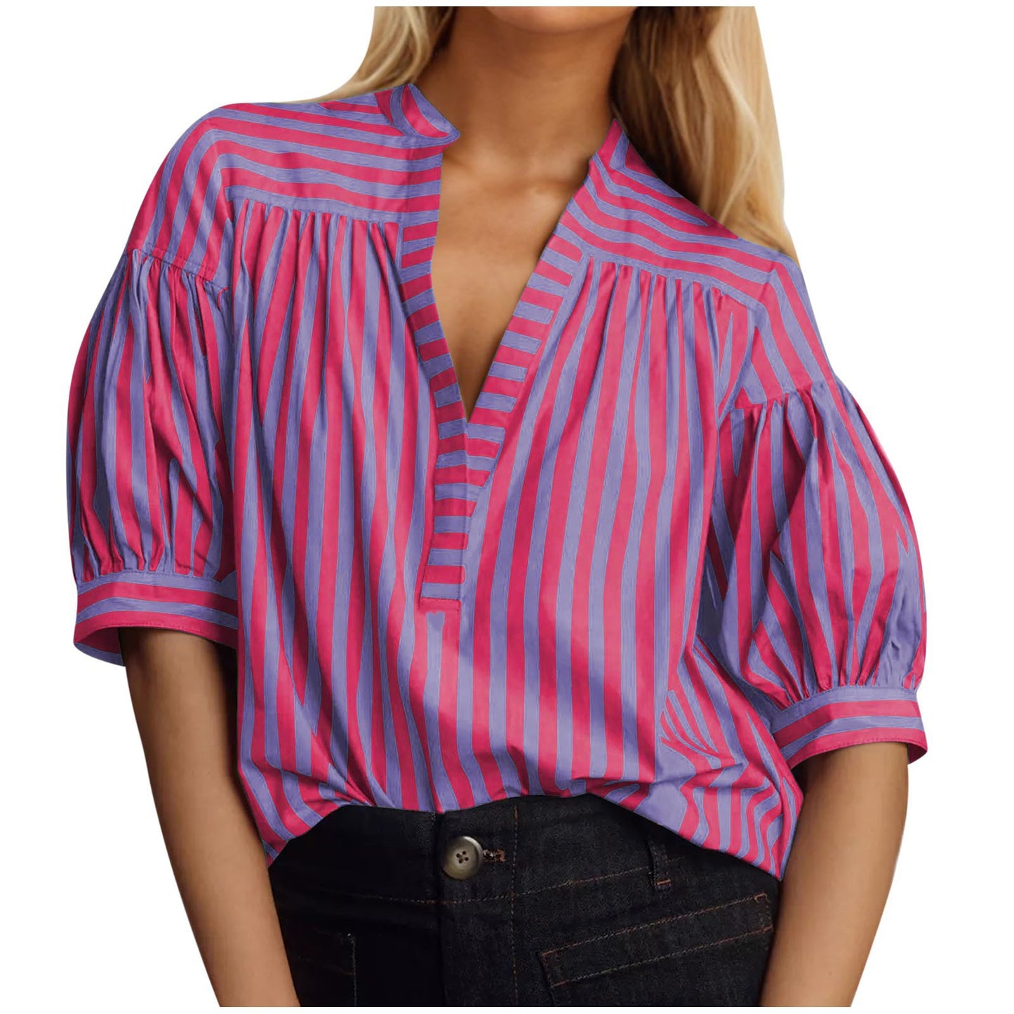 Damen Hemdblusenshirt mit Puffärmeln und gestreiftem Muster Stalluxe