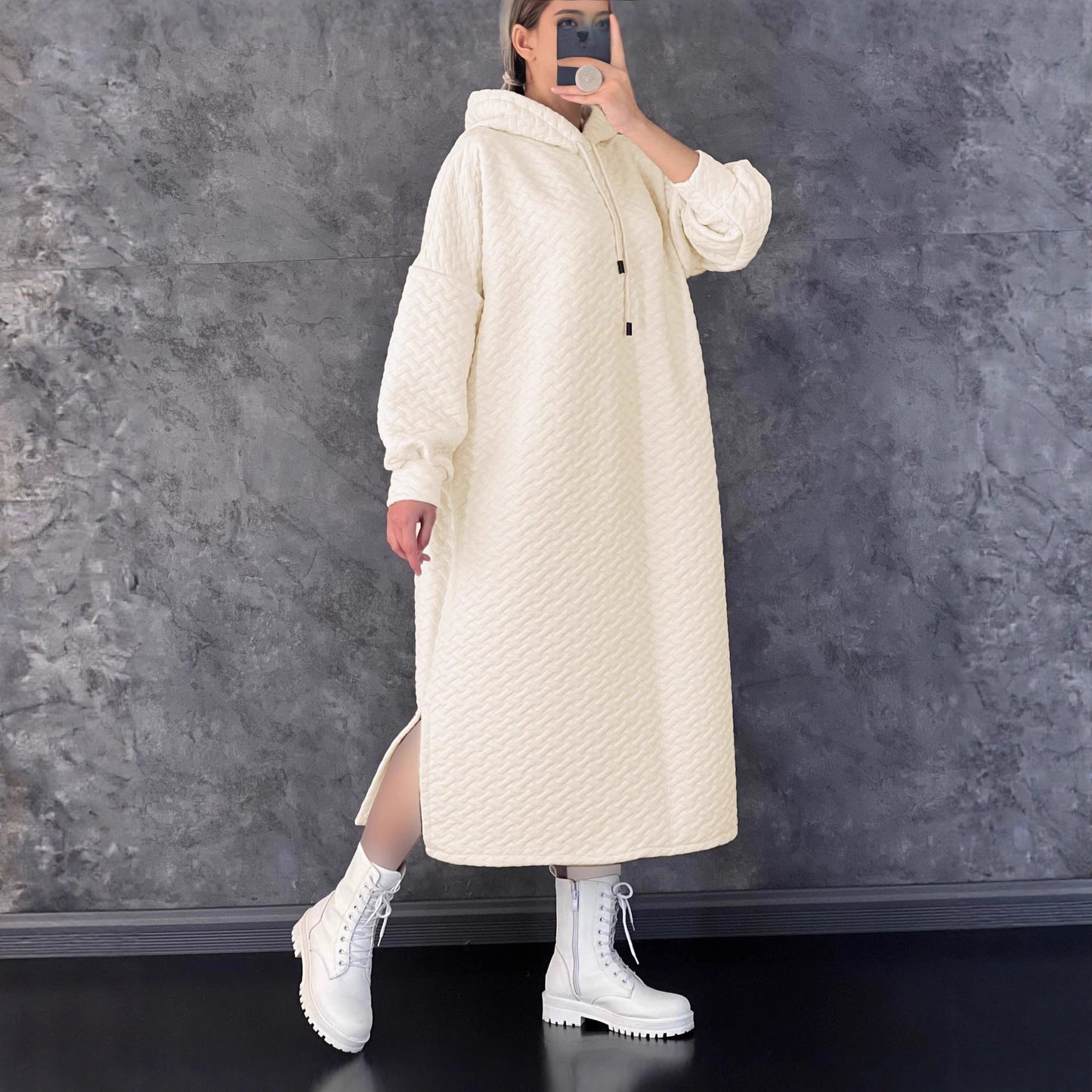 Damen lässiges Sweatshirt-Kleid mit Kapuze und seitlichen Schlitzen Stalluxe