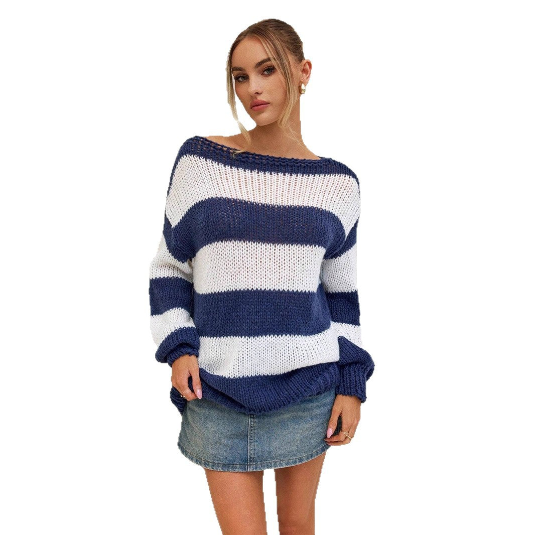 Damen Oversized Strickpullover mit maritimen Streifen Stalluxe