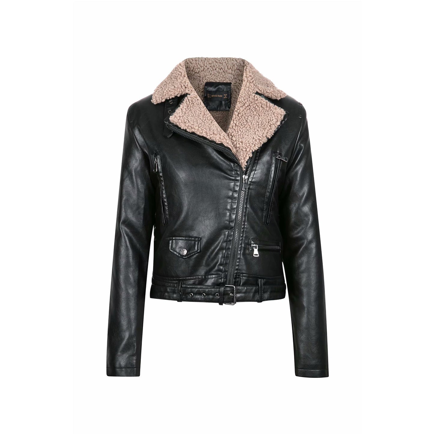 Damen stylische Lammfell-Bikerjacke mit doppeltem Reißverschluss und taillierbarem Gürtel Stalluxe