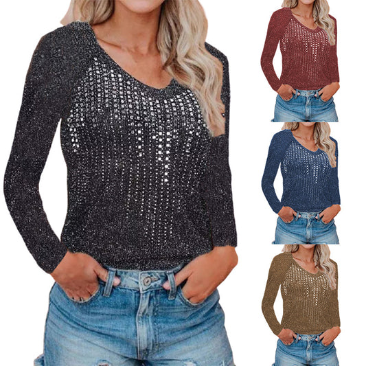 Damen Glitzerndes Langarmshirt mit tiefem V-Ausschnitt und funkelnden Akzenten Stalluxe