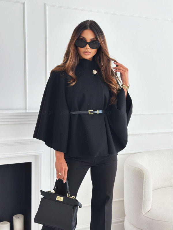Damen elegante Poncho-Bluse mit Gürtel und modischem Revers Stalluxe