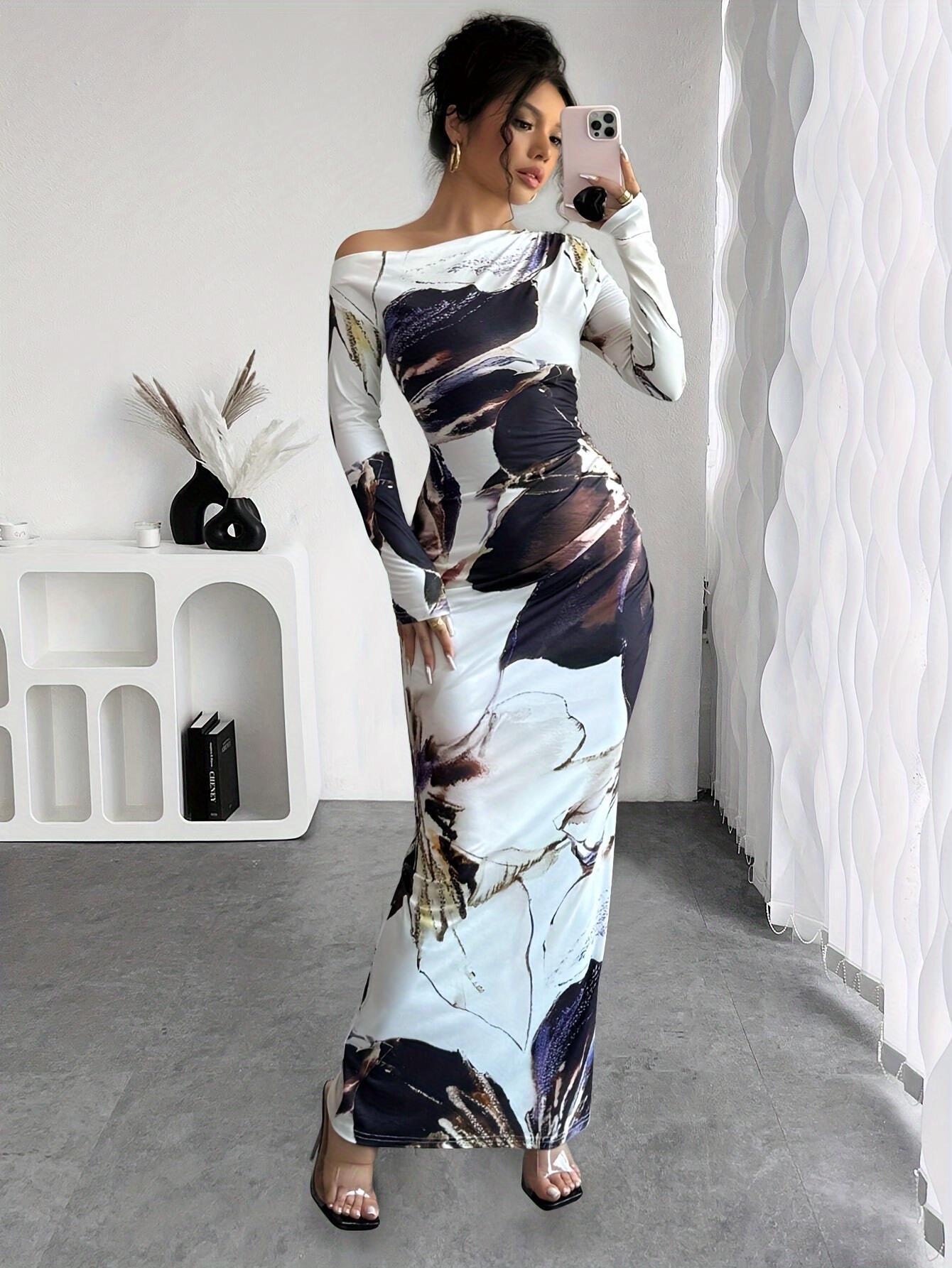Damen elegantes Langarmkleid mit floralem Motiv Stalluxe