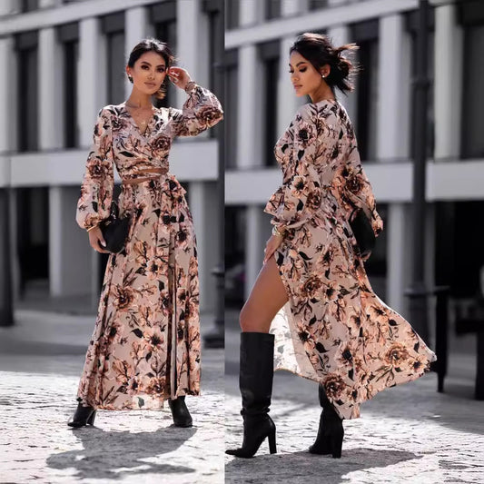 Damen Maxikleid im Leopardenmuster mit Wickeldesign und voluminösen Ärmeln Stalluxe