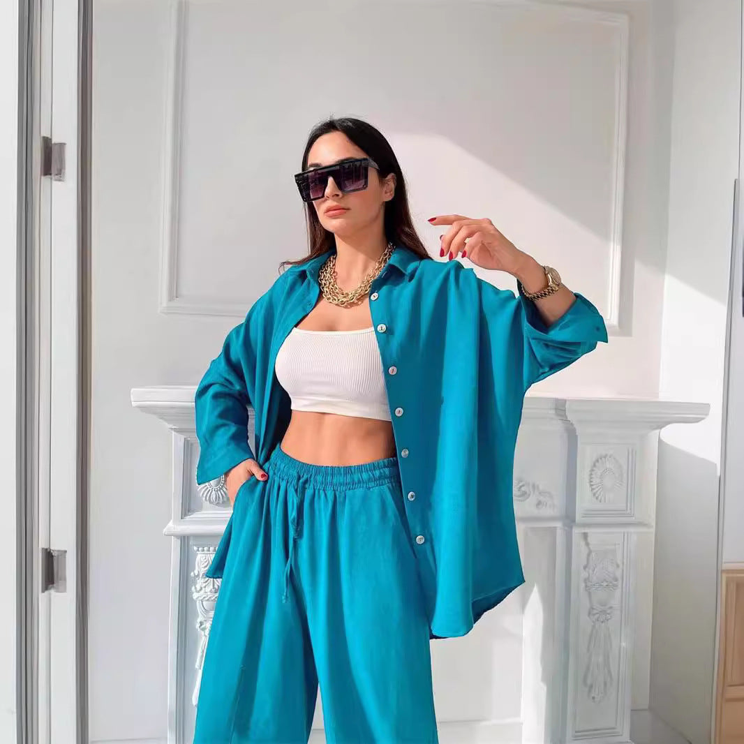 Damen Lässiger Zweiteiler aus leichtem Mischgewebe mit weiter Bluse und bequemen Hose Stalluxe