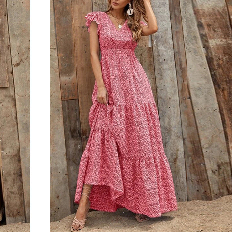 Damen Maxikleid mit zarten Rüschendetails und tieferem V-Ausschnitt Stalluxe