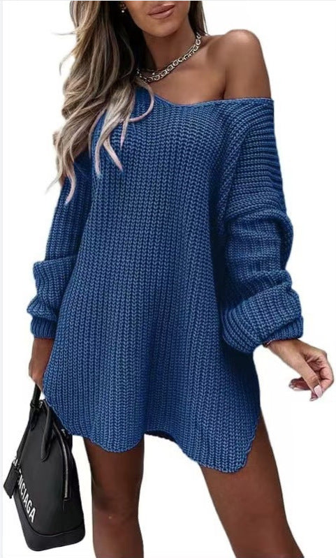 Damen Oversize Strickkleid mit weitem Rundhalsausschnitt und lässiger Passform Stalluxe