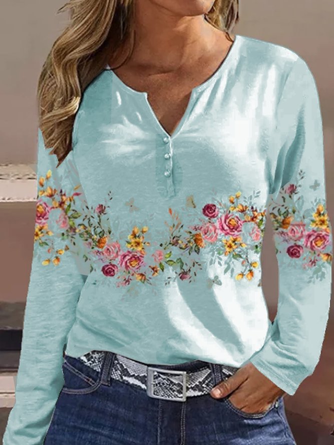 Damen Langarmshirt mit floralem Motiv und Knopfdetails Stalluxe