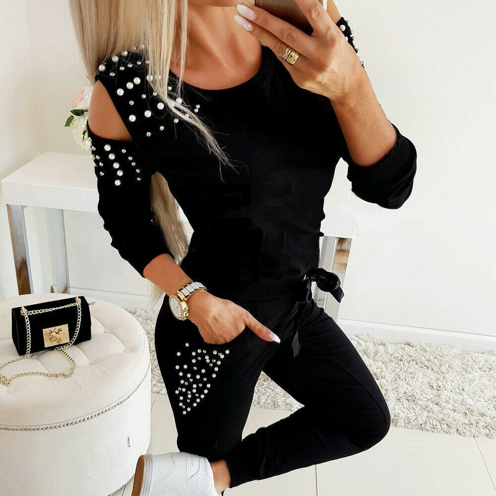 Damen Freizeit-Loungewear-Set mit dekorativen Nieten und besonderen Schulterdetails Stalluxe