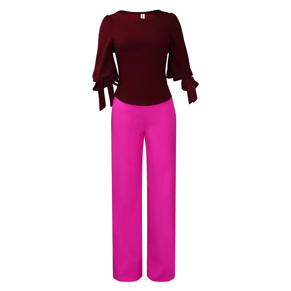 Damen eleganter Jumpsuit mit schicker Schleifenärmel und weitem Bein Stalluxe