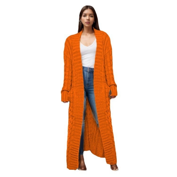 Damen Langer Strickcardigan mit raffiniertem Zopfdesign und praktischen Taschen Stalluxe