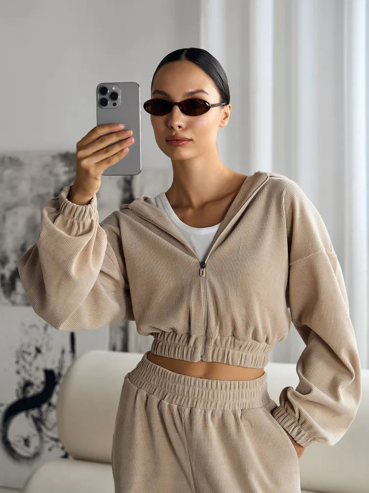 Damen lässige Cropped Hoodie mit strukturierter Oberfläche und elastischem Bund Stalluxe