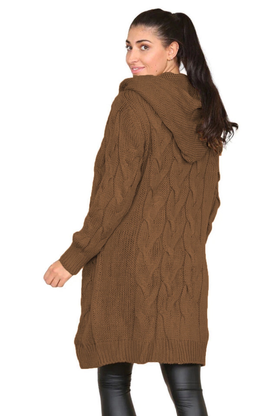 Damen Langer Strickmantel mit elegantem Zopfmuster und Kapuze Stalluxe