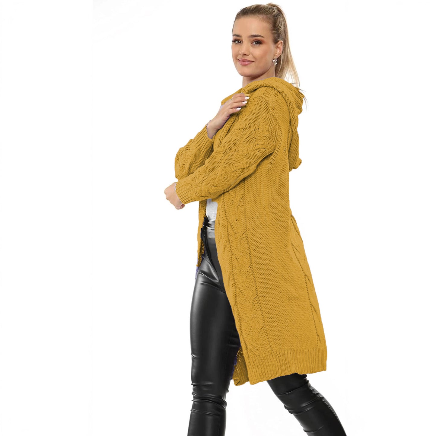 Damen Großer Strickmantel mit Kapuze und aufwendiger Zopfmusterstruktur Stalluxe