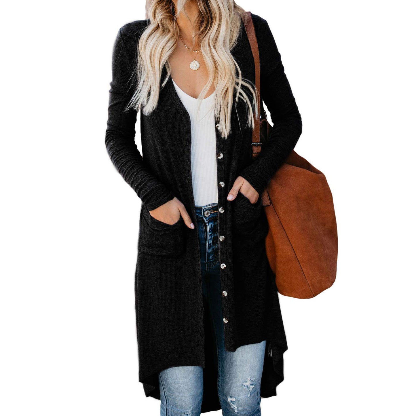 Damen Langer Strickcardigan mit Knöpfen und Taschen Stalluxe
