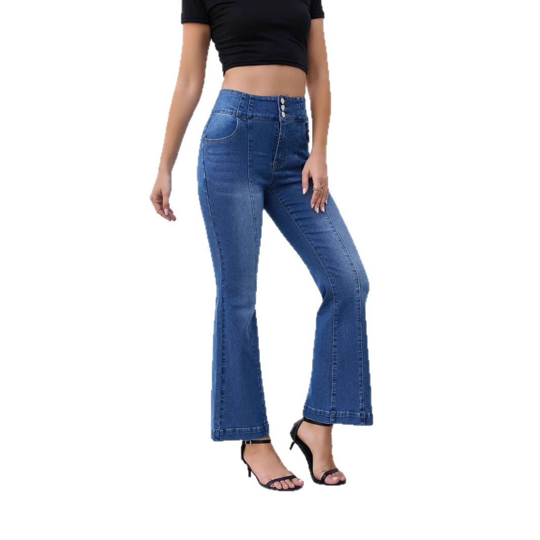 Damen Flared Jeans mit hohem Bund und eleganten Knopfdetails Stalluxe
