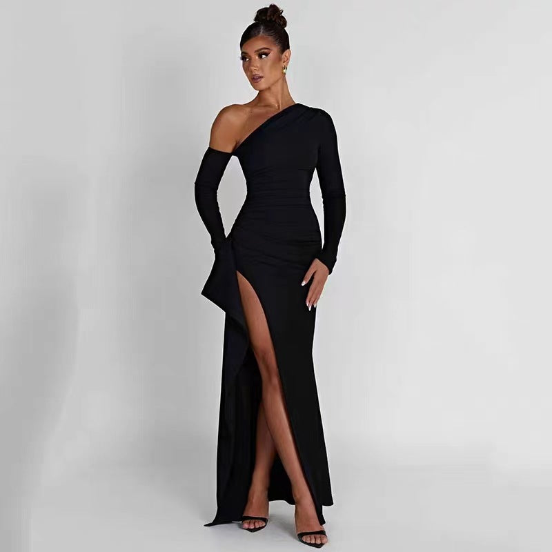Damen Elegantes Maxikleid mit asymmetrischem One-Shoulder-Design und hohen Beinschlitzen Stalluxe