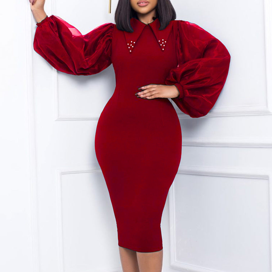 Damen Midi-Kleid mit Puffärmeln und dekorativem Kragen Stalluxe
