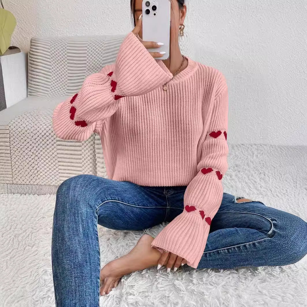 Damen lässiger Strickpullover mit Herzmuster und weitem Arm Stalluxe