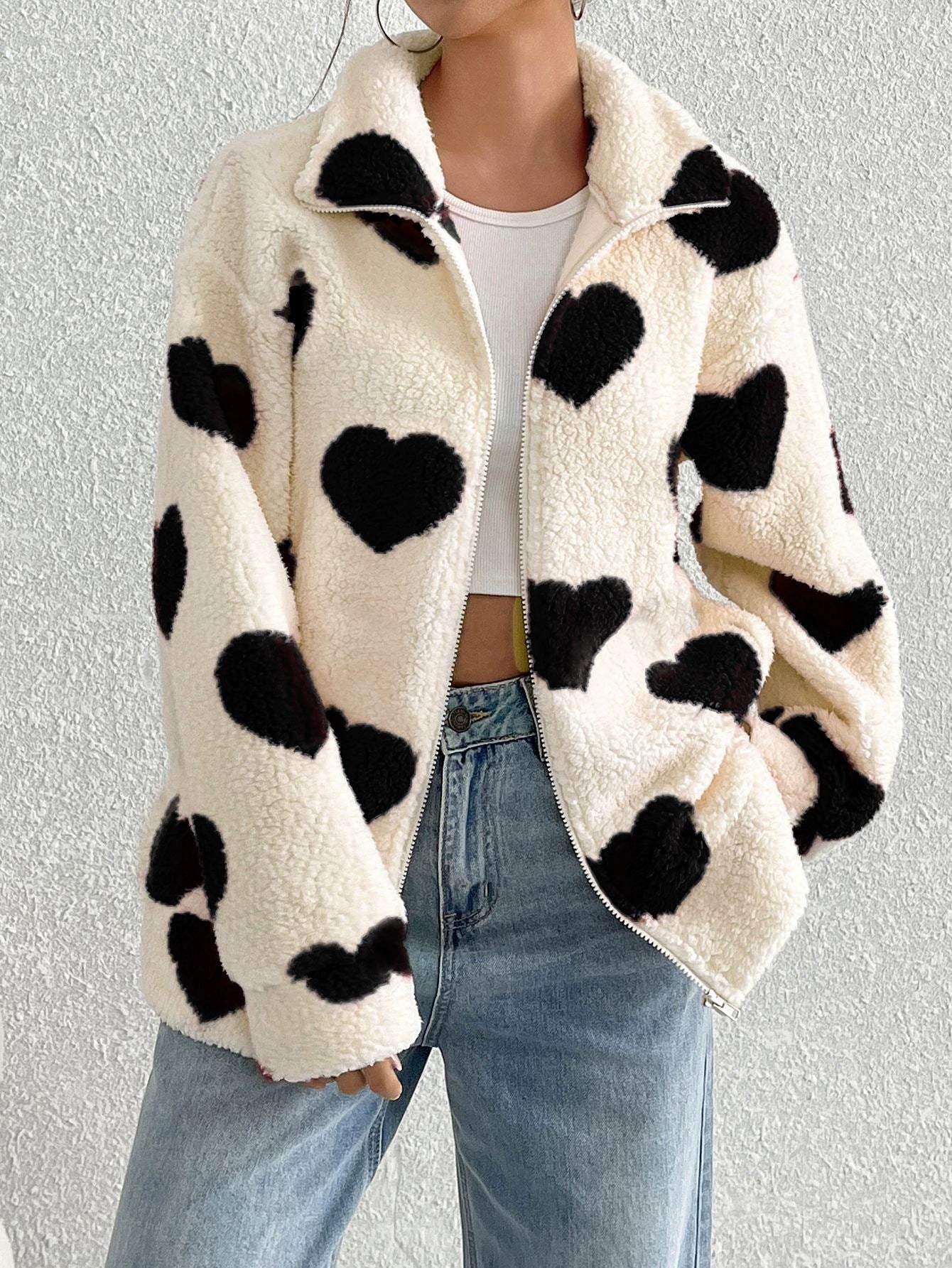 Damen kuschelige Fleecejacke mit herzförmigem Muster und hohem Kragen Stalluxe